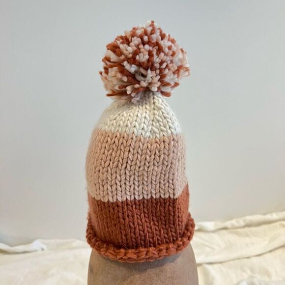 Marcus Adler Chunky Knit Colorblock Rustic/Blush Pink Beanie Hat w Pom - Picture 1 of 8